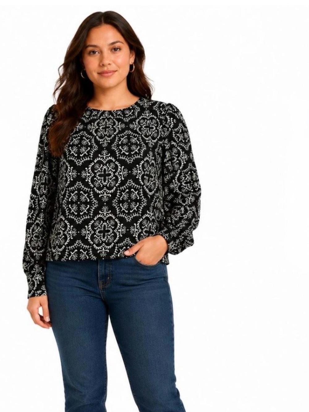 LOFT Women's Black/White Geometric Woven Balloon Sleeve Button Back Blouse Sz M